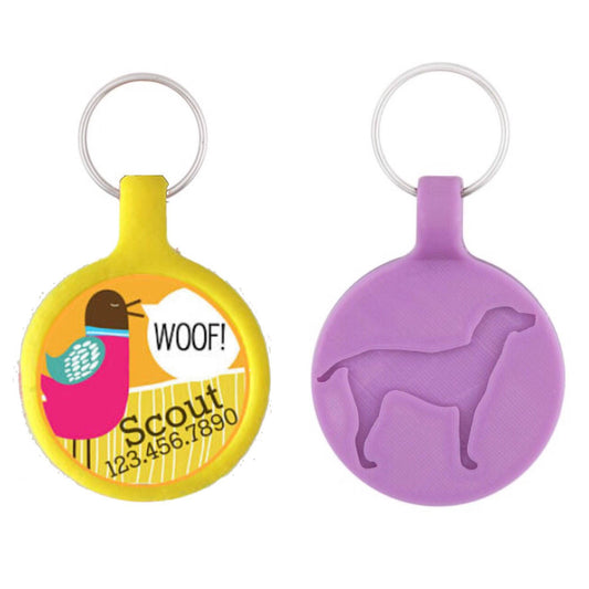 Retro Bird Woof  or Meow Silver Custom Personalized Dog ID Pet Tag Custom Pet Tag You Choose Tag Size & Colors