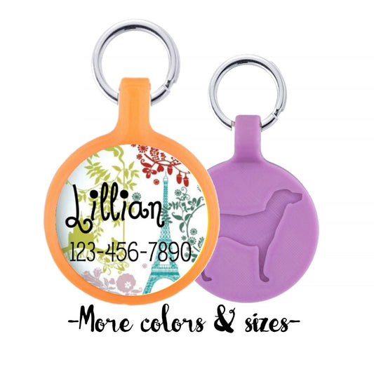 Floral Dog Tag Paris in the Spring- Silver Custom Personalized Dog ID Pet Tag Custom Pet Tag You Choose Tag Size & Colors Cat Tag