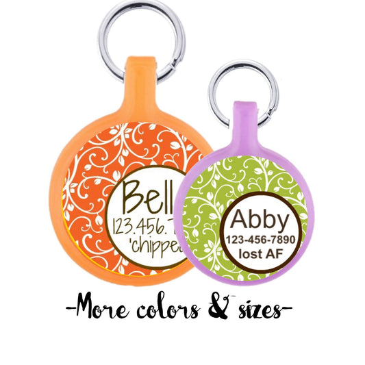 Garden Party Custom Personalized Dog ID Pet Tag Custom Pet Tag You Choose Tag Size & Colors- Orange or Green