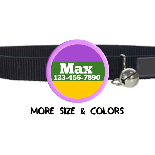 Mardi Paw Tag- Silent, Eco-Friendly, Ringless ID Tag for Cats and Dogs Mardi Gras Pattern