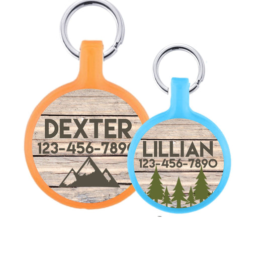 Trees or Mountains Woodgrain Forest Wilderness Wood Design Personalized Dog ID Pet Tag Custom Pet Tag Choose Tag Size & Color