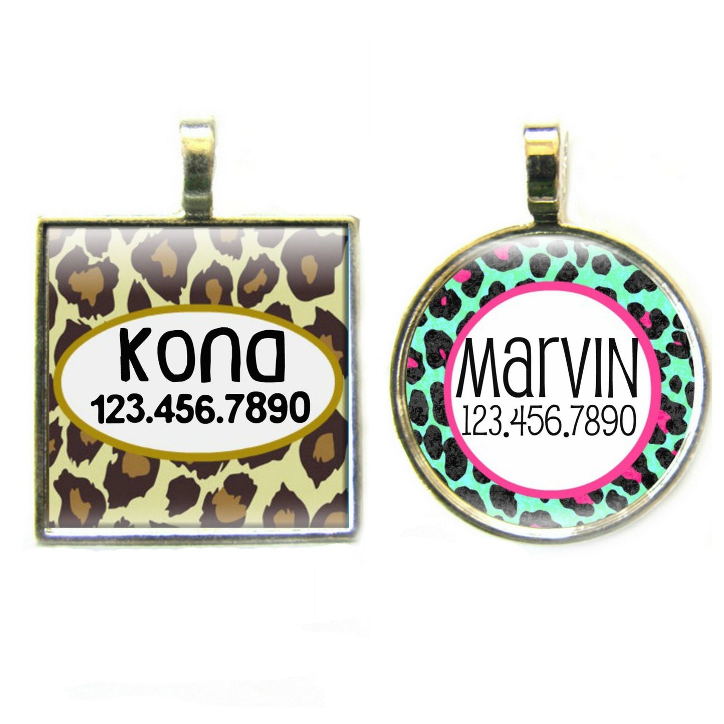Blue or Brown Leopard Personalized Dog ID Pet Tag Custom Pet Tag You Choose Tag Size & Colors