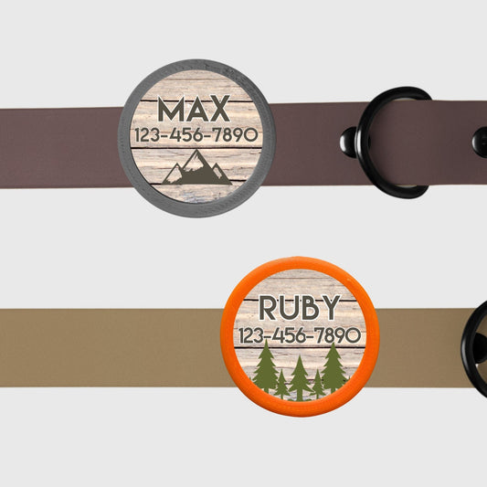 Cute Outdoorsy Pet ID • Silent Pet ID • Twist On Tag Silent, Eco-Friendly, Ringless twist-on Wood ID Tag for Cats and Dogs Trees Mountain